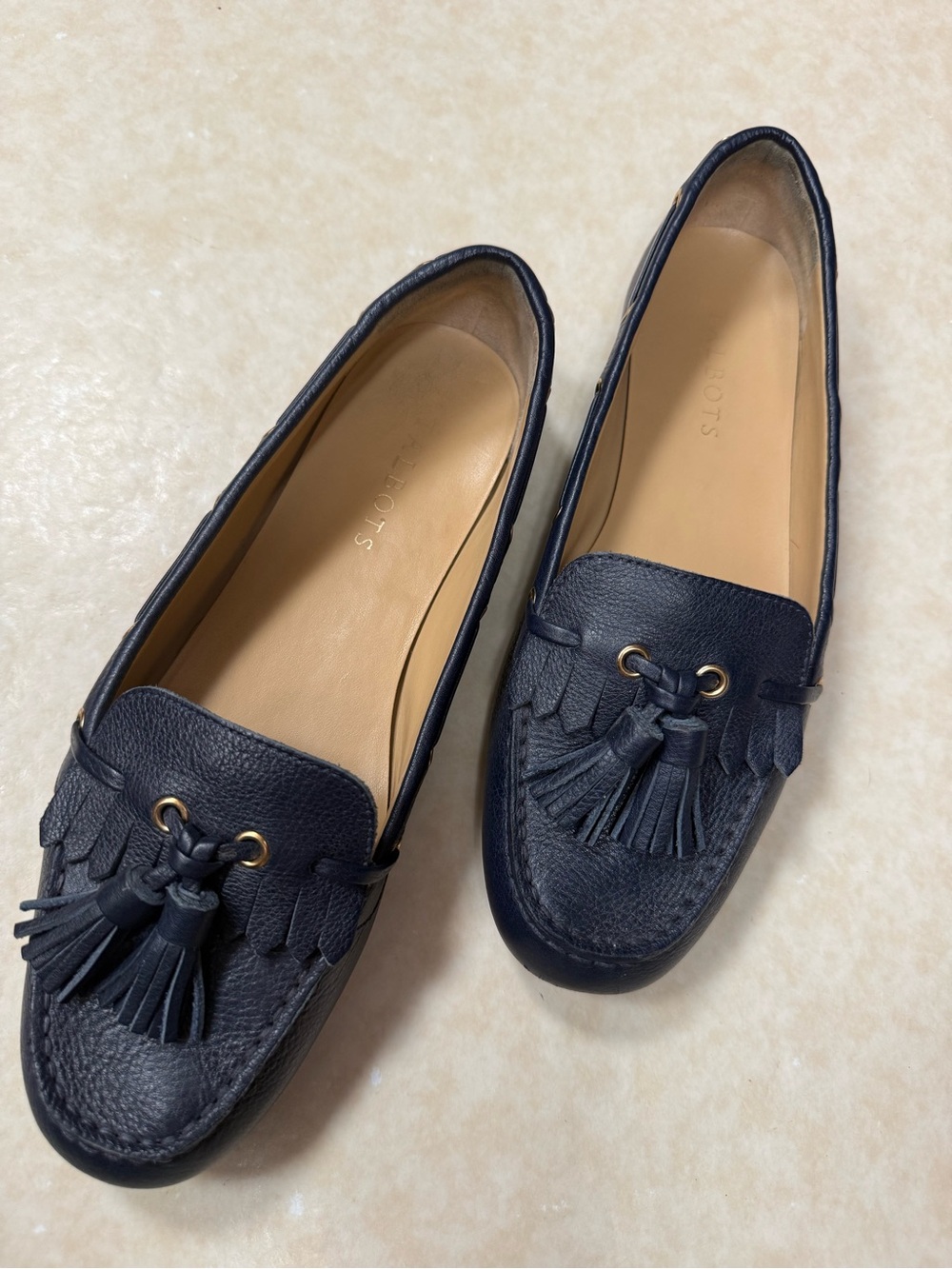 Everson Navy blue pebble leather tassel driving moccasins 81/2